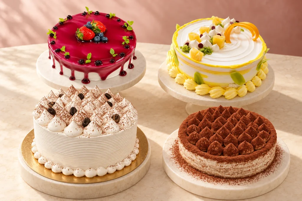 The classic finish: Berry-glazed finish, Yellow and white finish, Cream peaks, Cocoa-dusted finish — edited cake design composition