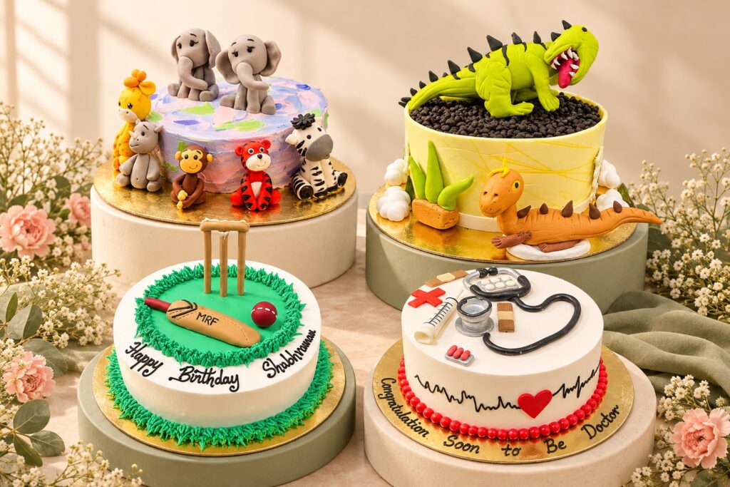 Safari, dinosaur, cricket and milestone cake design inspirations