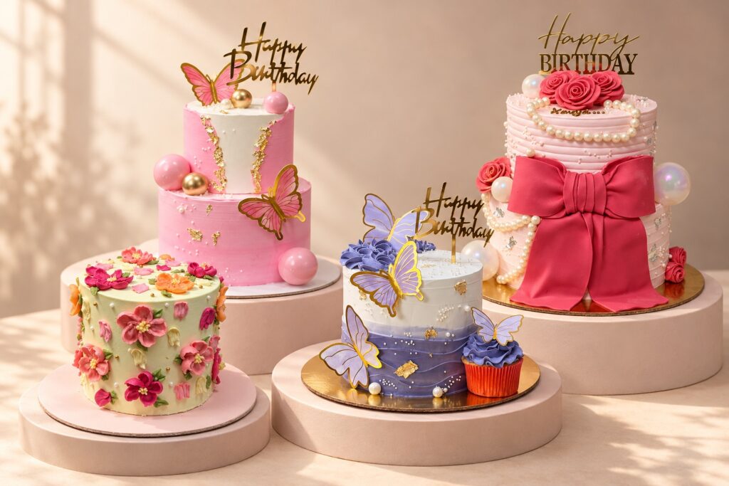 Florals, butterflies & bows: Floral buttercream, Lavender butterflies, Pink butterfly tiers, Roses and a statement bow — edited cake design composition