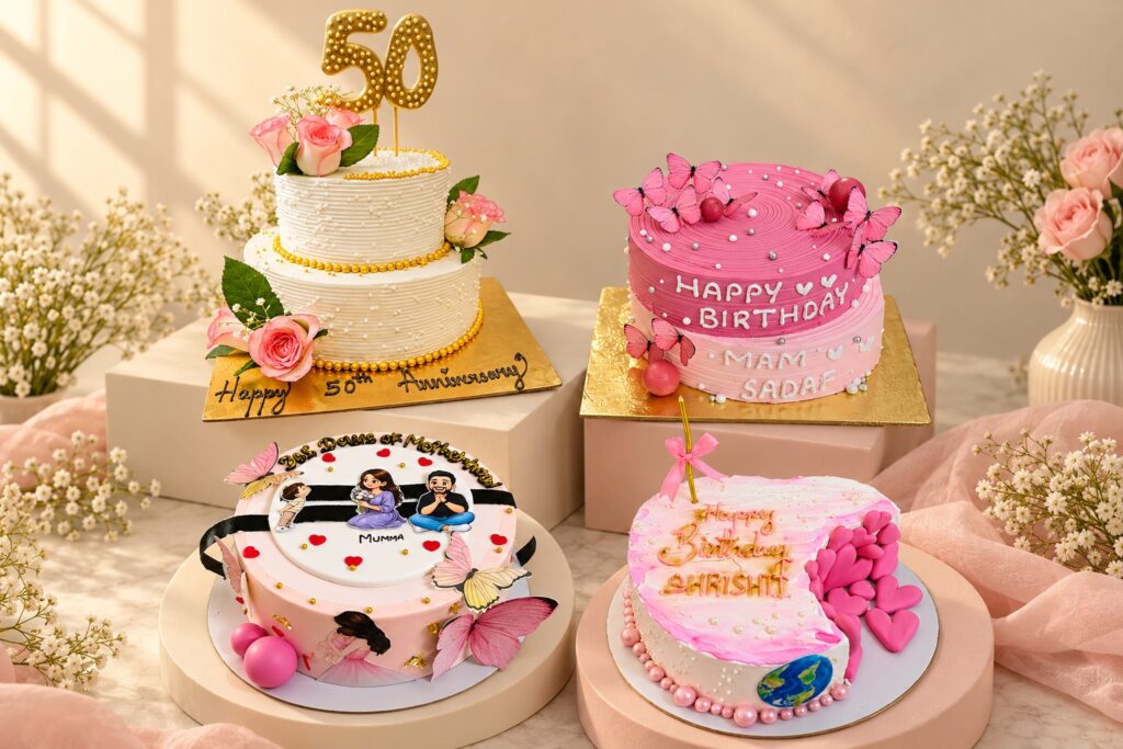 Moments that matter: Golden anniversary, Pink butterflies, Family celebration, Pink hearts — edited cake design composition