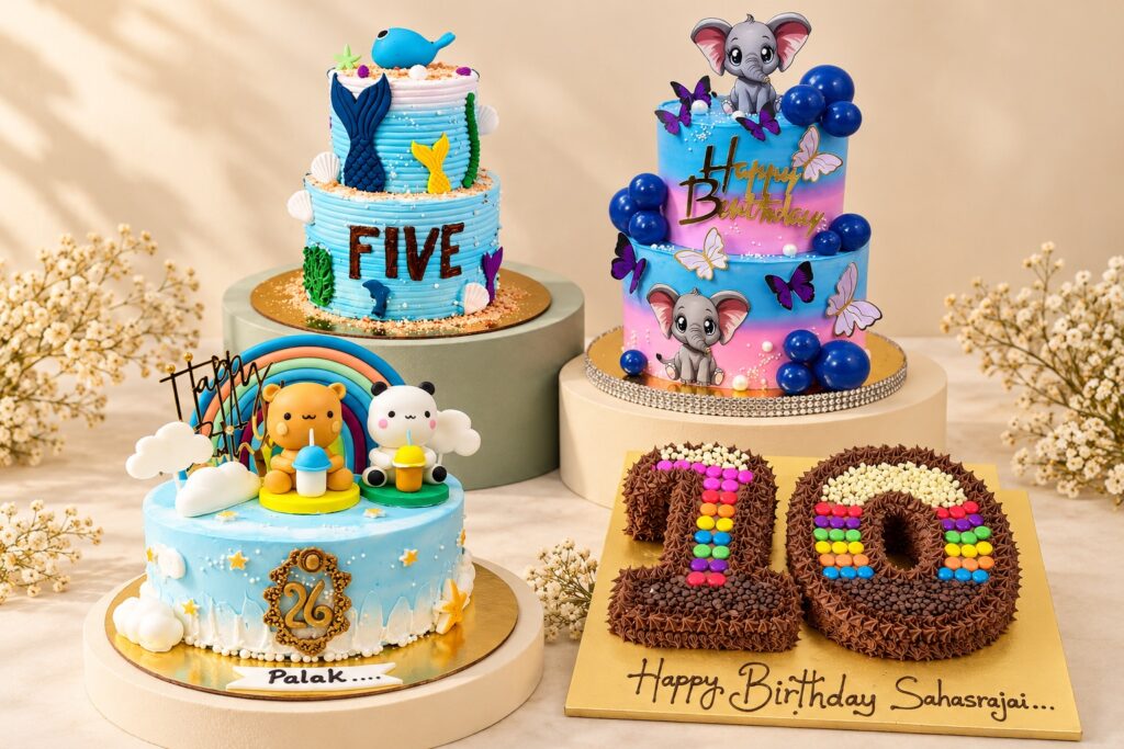Big birthday imagination: Rainbow bears, Under the sea, Elephants and butterflies, Number celebration — edited cake design composition