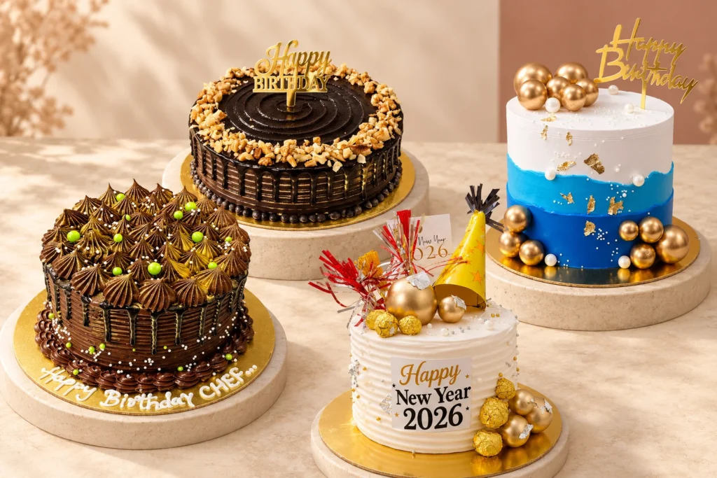 A touch of gold: Gold-dusted piping, Walnut border celebration, Blue and gold, New Year party — edited cake design composition