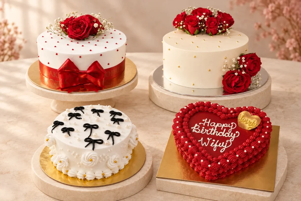 A little love, in cake: Red ribbon and roses, Black bows on white, Red heart celebration, Ivory and red roses — edited cake design composition