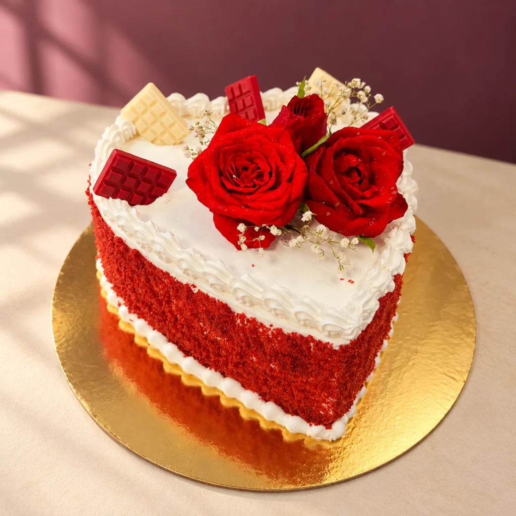 Heart-shaped cake with red crumb sides, ivory piping and roses — our original cake in an edited setting