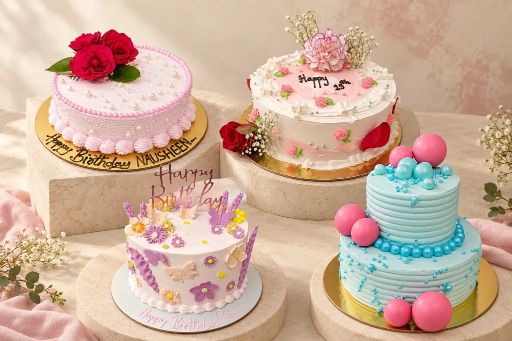 Pastels & little details: Pink pearls and roses, Pink piped florals, Pastel garden butterflies, Blue and pink tiers — edited cake design composition