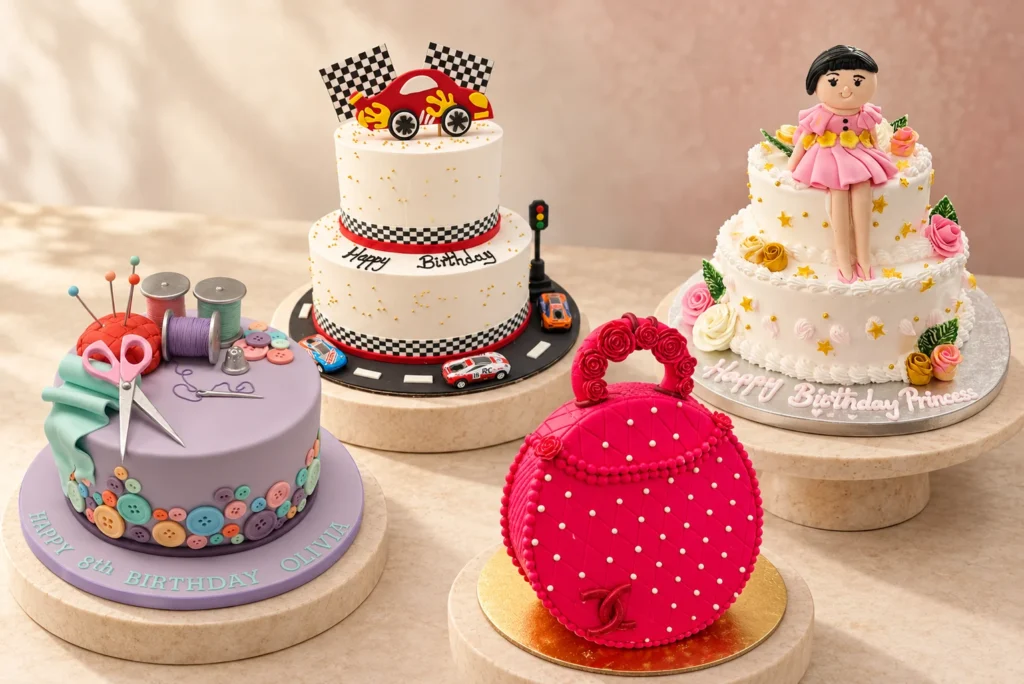 Made around their world: Sewing celebration, Racing car tiers, Birthday girl figurine, Pink handbag — edited cake design composition