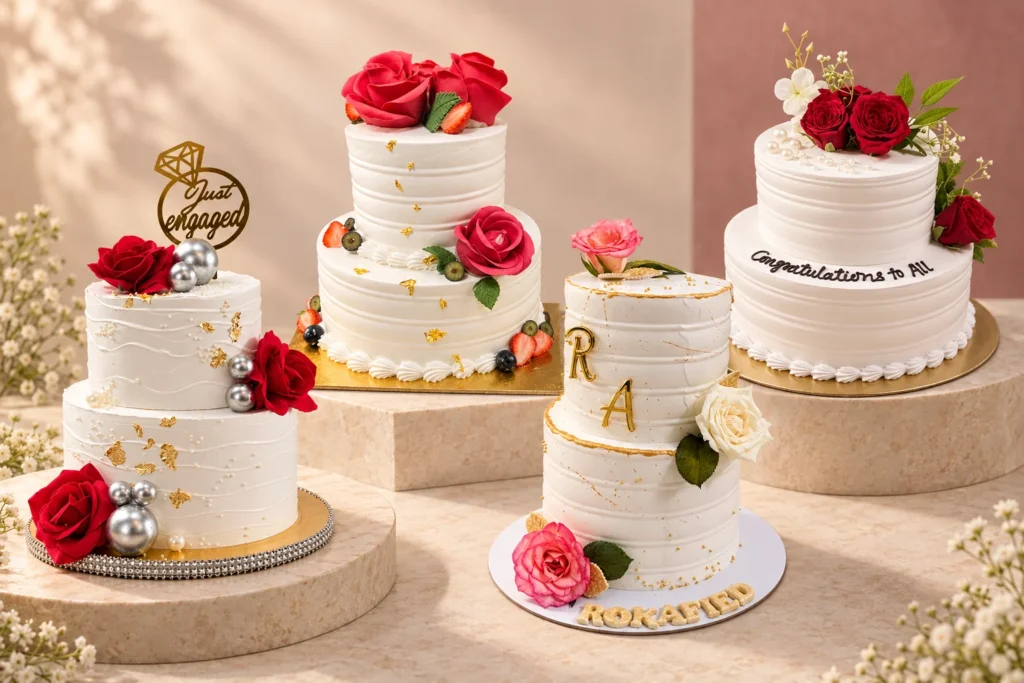 Roses & tiered celebrations: Pink rose tiers, Red rose tiers, Engagement roses, Rose and fruit tiers — edited cake design composition