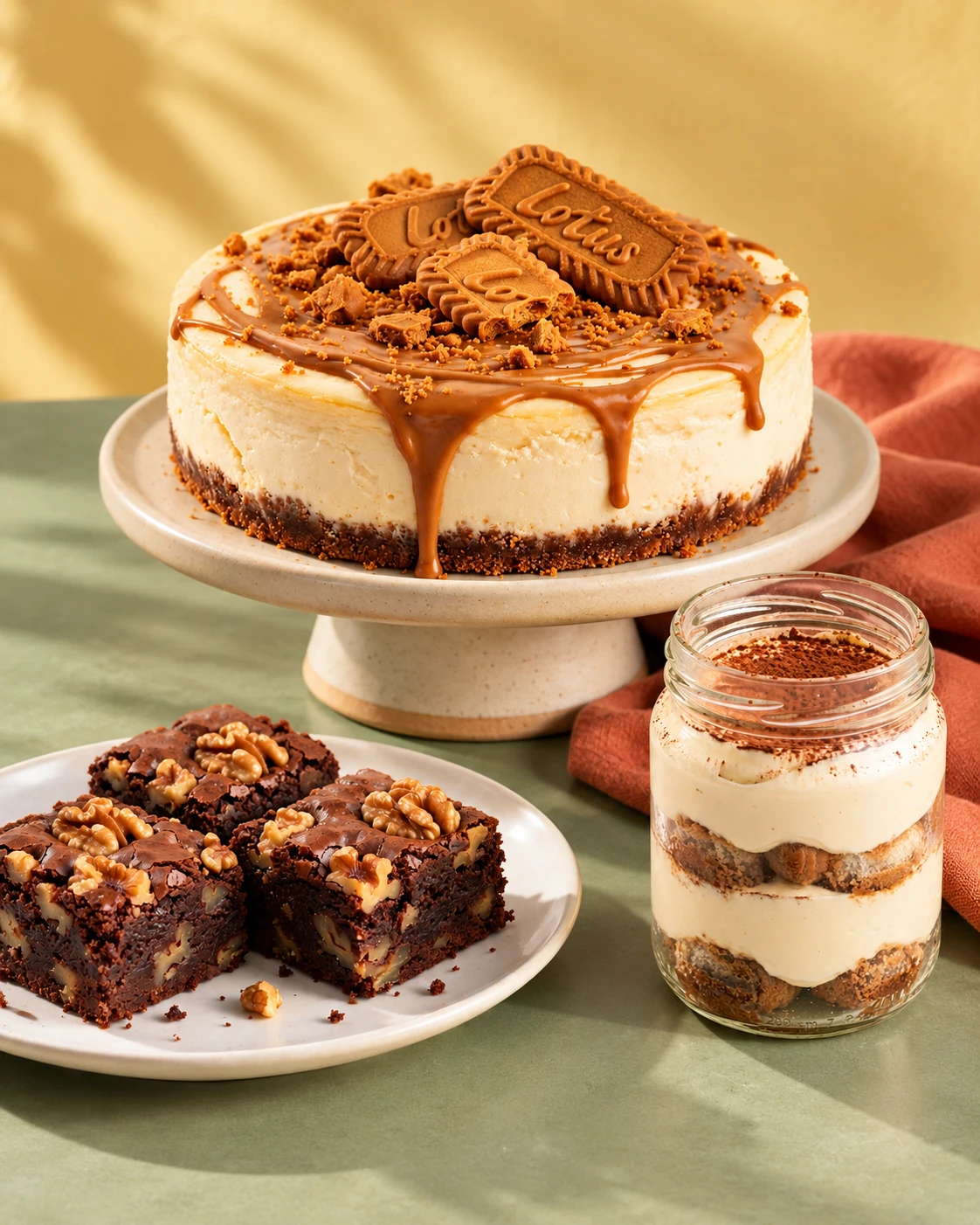 Biscoff cheesecake, walnut brownies and tiramisu — editorial composition based on our catalog