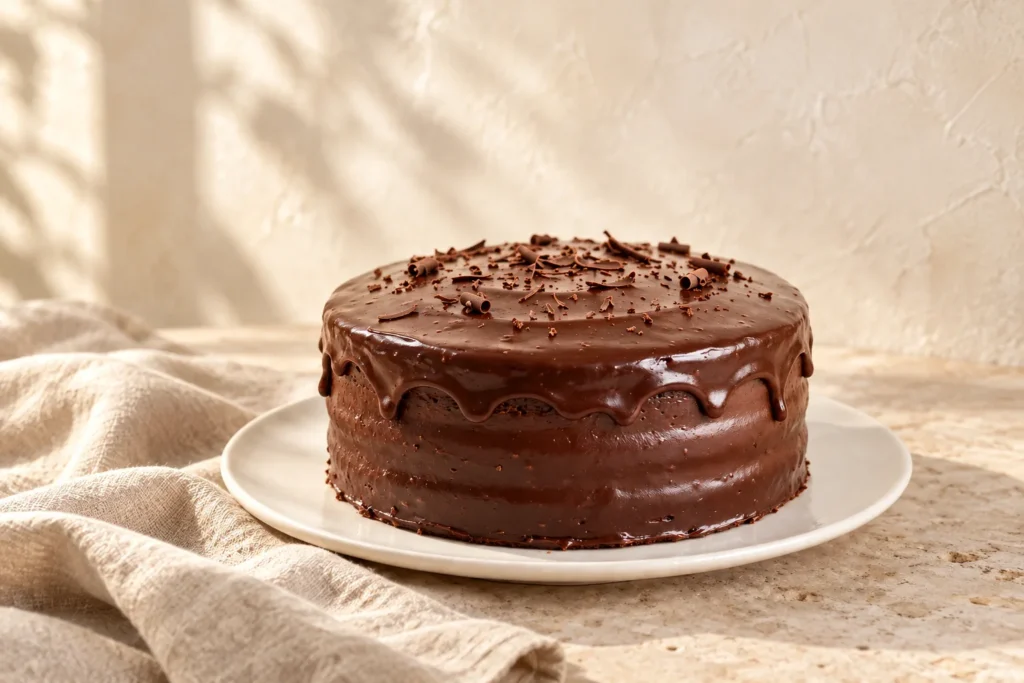 The Sugar Story chocolate cake in a warm editorial setting